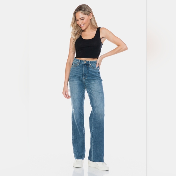Judy Blue Tummy Control High-Rise Boyfriend Jeans Straight Leg Raw Denim Pants - Picture 5 of 16